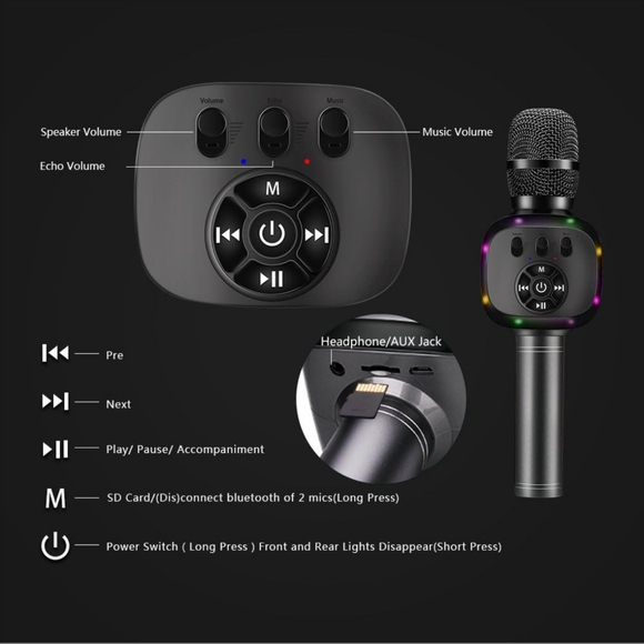 BONAOK Wireless Bluetooth Karaoke Microphone with Dual Sing, LED Lights, Portabl - Picture 3 of 8